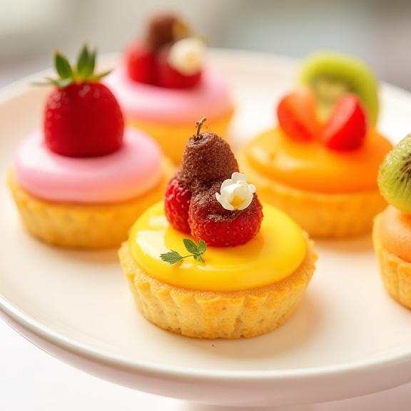 Assortimento di pasticcini mignon con frutta e creme.