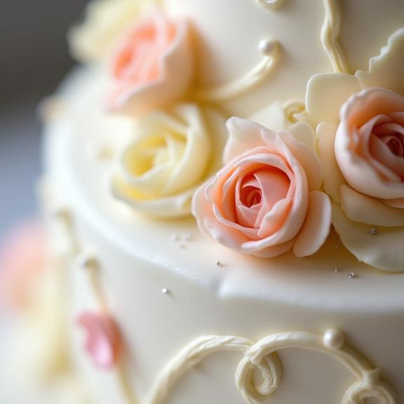 Dettaglio di una torta nuziale decorata a mano.